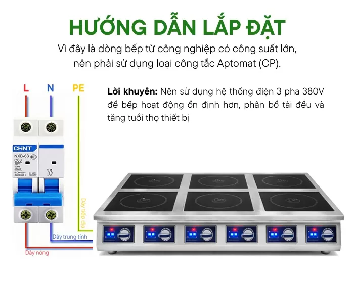 Hướng dẫn lắp đặt bếp từ 6 vùng nấu điện 3 pha 380V