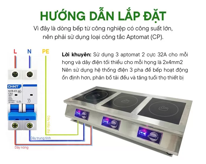 Hướng dẫn lắp đặt bếp từ c&ocirc;ng nghiệp 3 họng 5000W