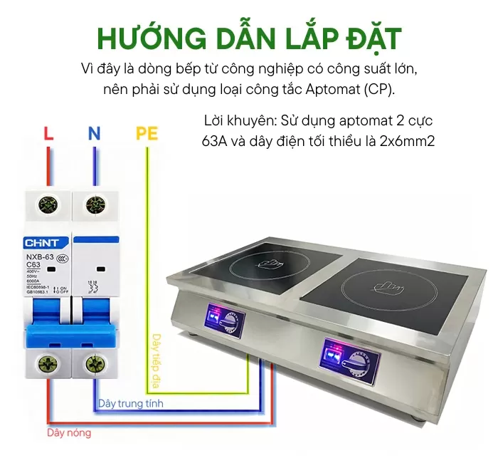 hướng dẫn lắp đặt bếp từ c&ocirc;ng nghiệp đ&ocirc;i 5kw để b&agrave;n