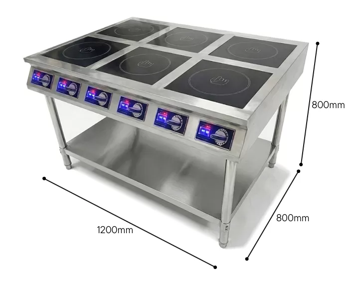 Kích thước bếp từ công nghiệp 6 vùng nấu có kệ để đồ 3500W
