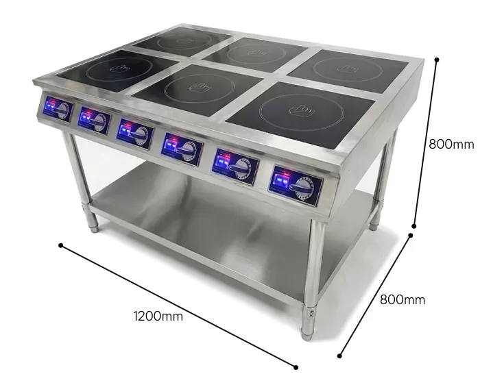 Kích thước bếp từ công nghiệp 6 vùng nấu có kệ để đồ 5000w