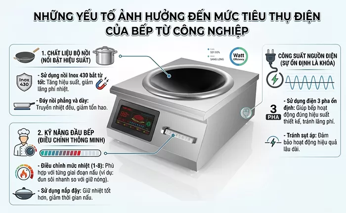 yếu tố ảnh hưởng đến mức tiêu thụ điện của bếp từ công nghiệp